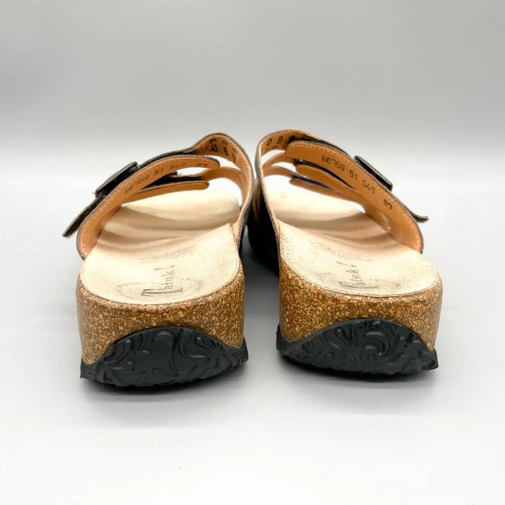 Think! Womens 40 Mizzi Multi Strap Brown Leather Cork Wedge Slide Sandals Buckle